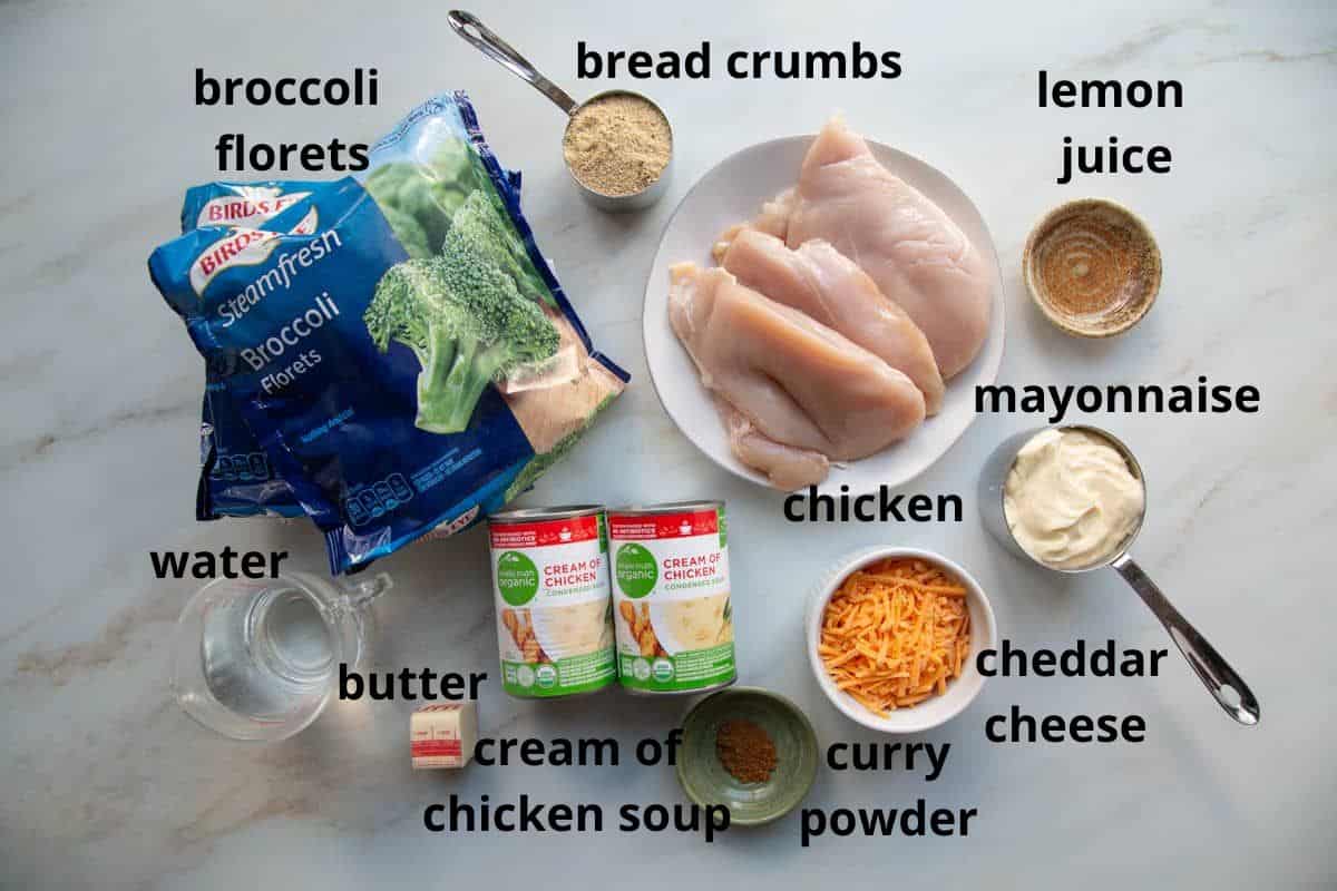 chicken, cream of chicken soup, broccoli, and other ingredients.