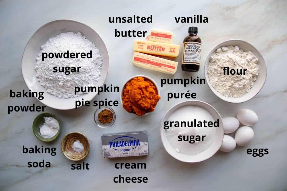 Ingredients for Pumpkin Bars with Cream Cheese Frosting with text labels.
