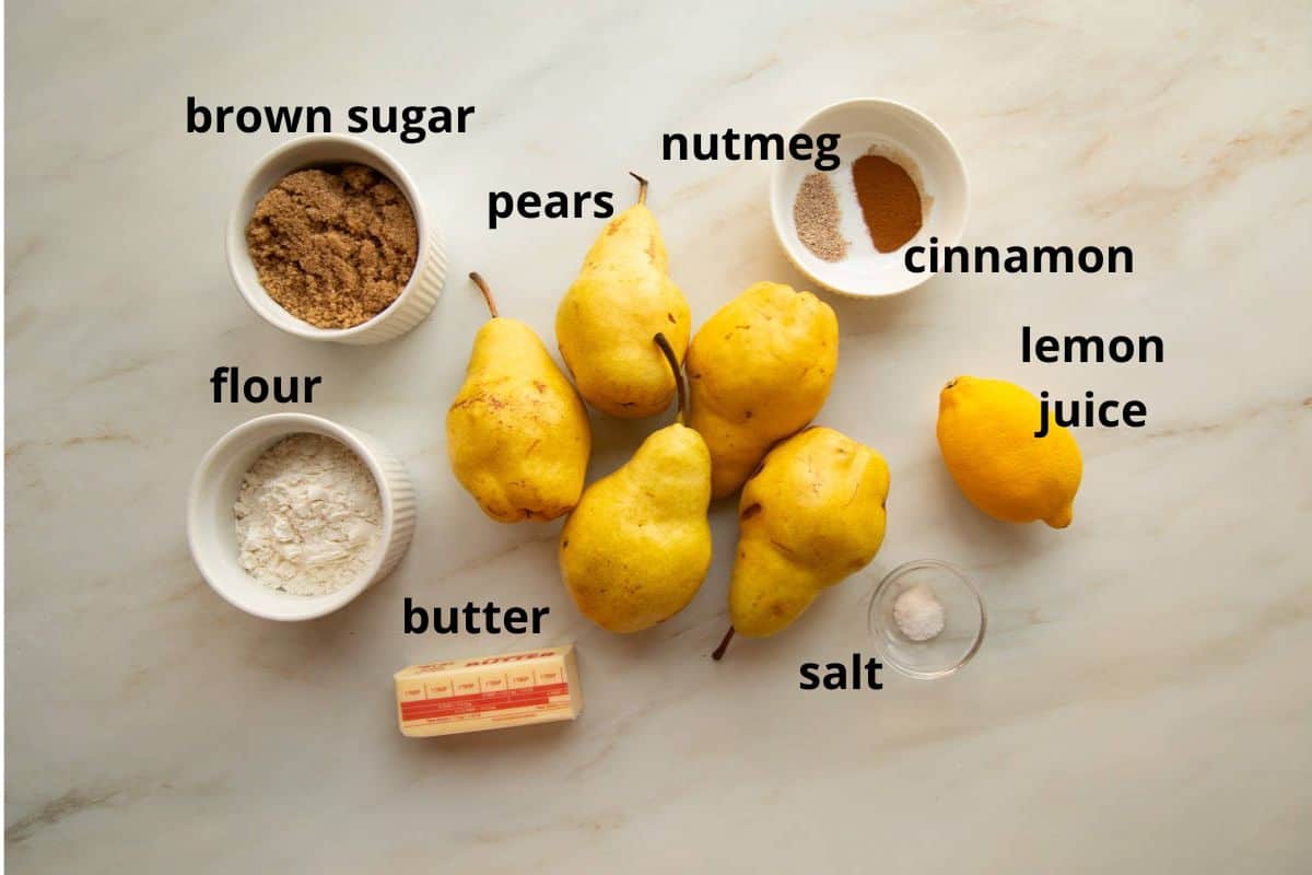 pears, brown sugar, flour, butter, and other ingredients.