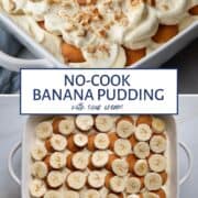 2 photo collage of no cook banana pudding with text title for pinterest.