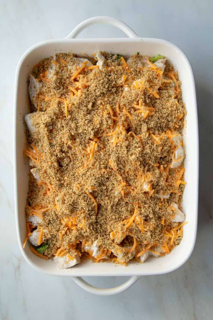 breadcrumb topping in a casserole dish.