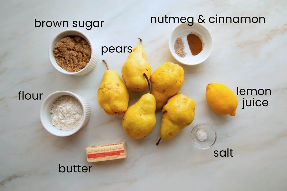 pears, flour, sugar, butter, and other baking ingredients.