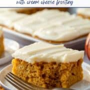 Photo of Pumpkin Bars with Cream Cheese Frosting with text overlay for Pinterest.