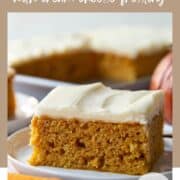 Photo of Pumpkin Bars with Cream Cheese Frosting with text overlay for Pinterest.