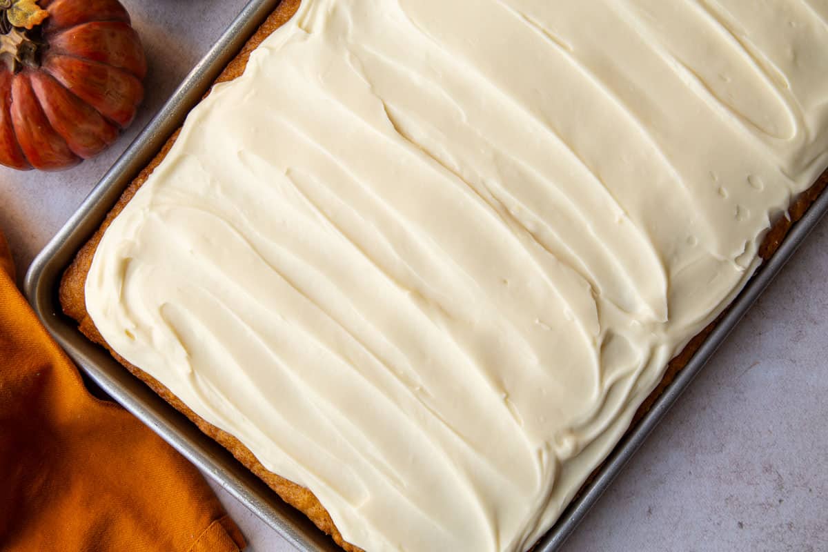 whole pan of frosted Pumpkin Bars with Cream Cheese Frosting.