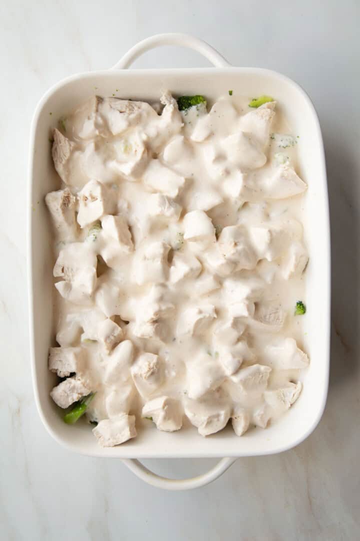 cream of chicken covered chicken and broccoli.