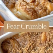 a dish of pear crumble with a streusel topping.