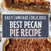 whole pecan pie and a slice of pecan pie on a white plate.