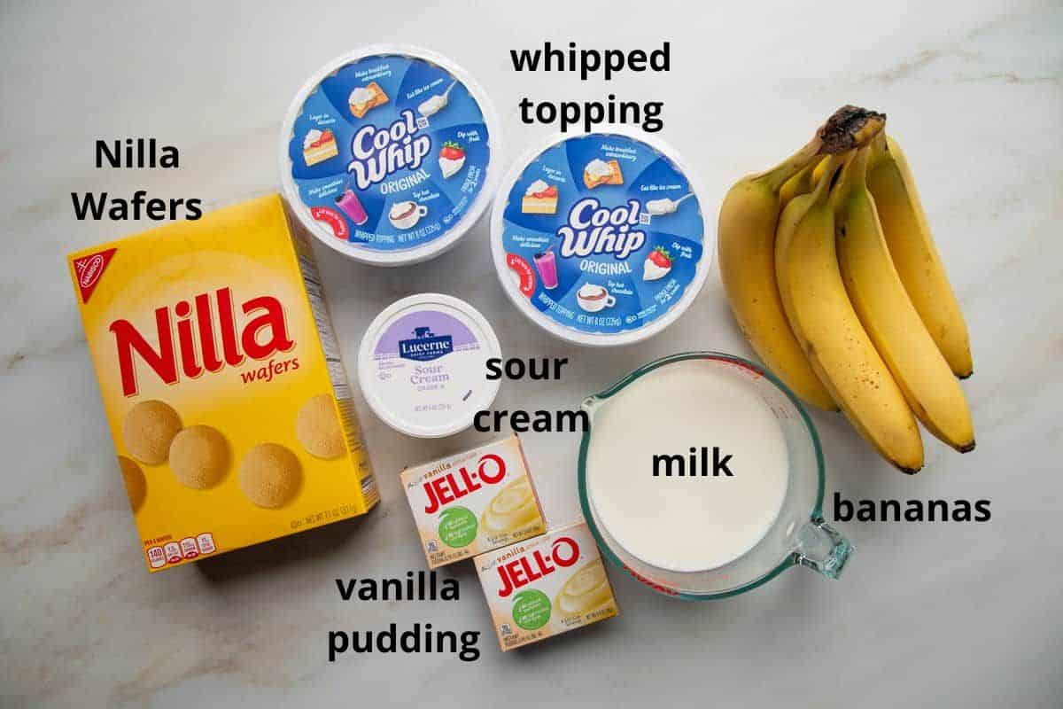no cook banana pudding ingredients with text labels.