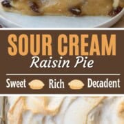 whole and sliced raisin pie with a cinnamon custard filling and fluffy meringue on top.