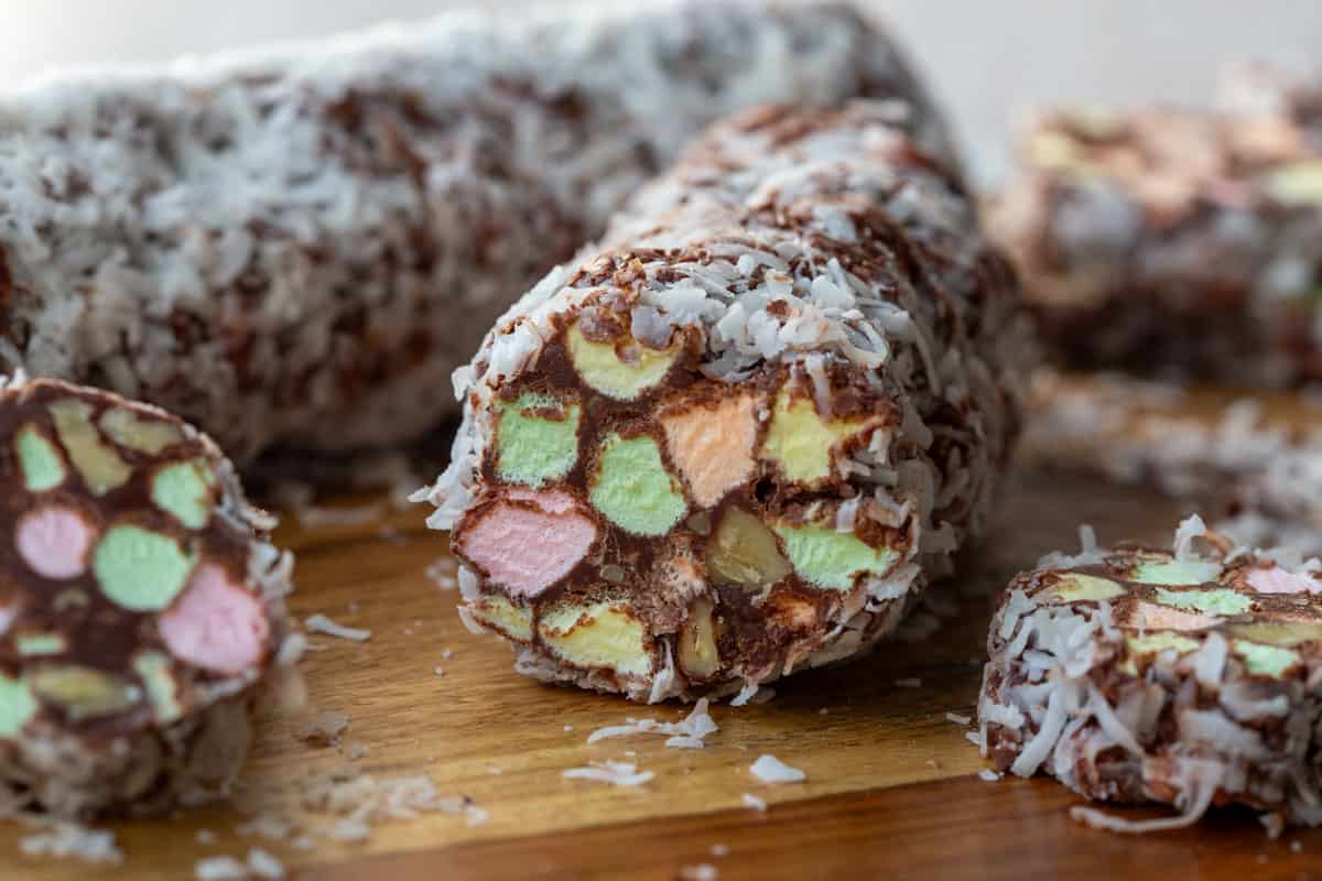 church window cookie rolls with front roll sliced to show marshmallows.