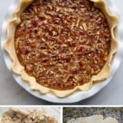 pie crust in a bowl, being rolled out, and in a dish with a pecan filling.