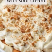 banana pudding in a white casserole dish.