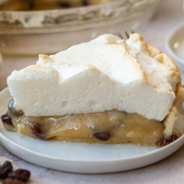 a slice of sour cream raisin pie on a small white plate.
