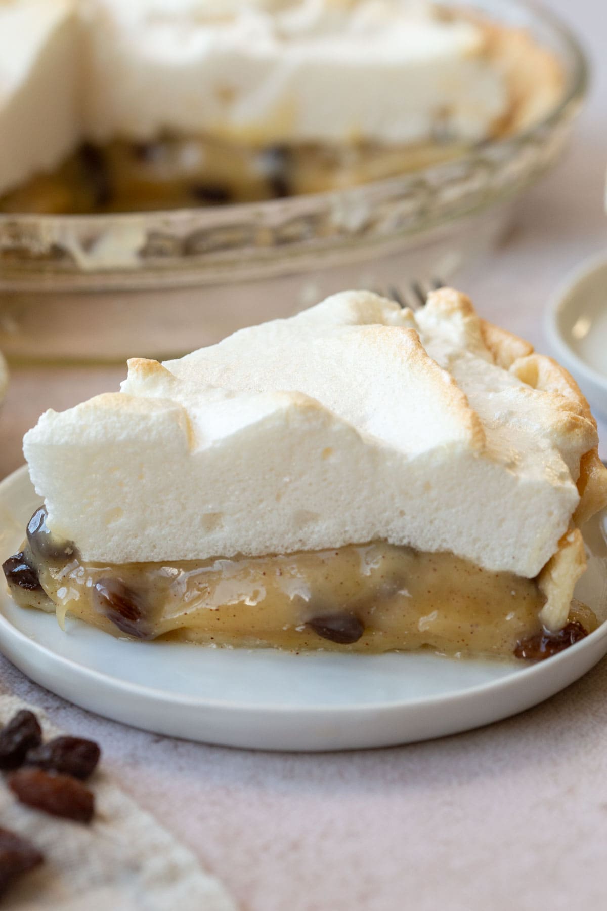 a slice of sour cream raisin pie on a small white plate with the rest of the pie in the background.