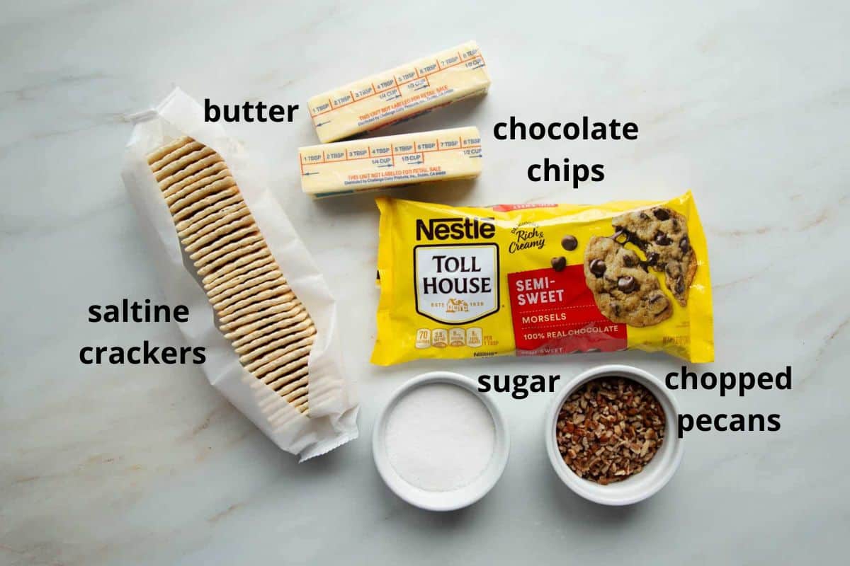 labeled ingredients for saltine cracker candy.