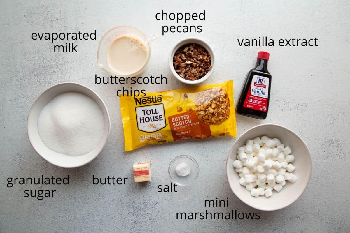 sugar, butter, evaporated milk, butterscotch chips, and other ingredients.