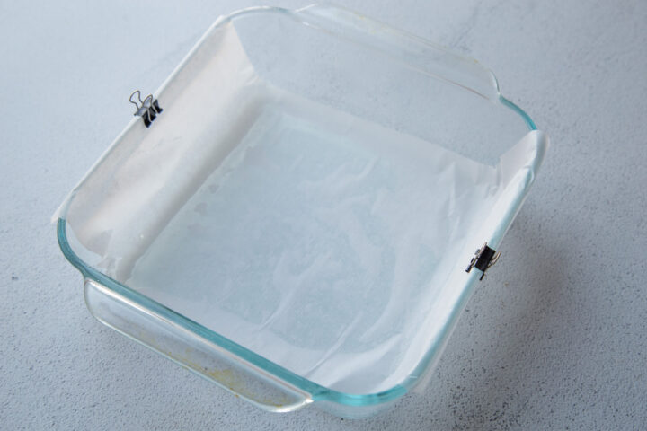 glass dish lined with parchment paper.