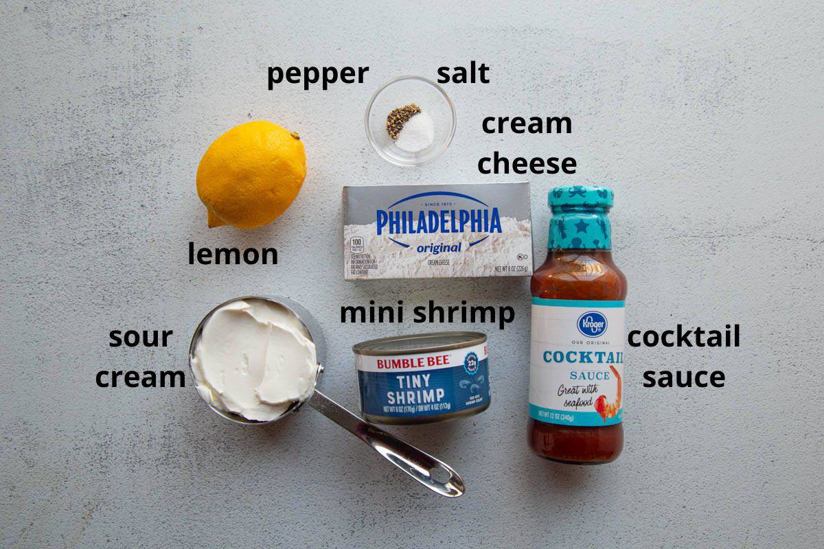 mini shrimp, cocktail sauce, cream cheese, and more ingredients. 