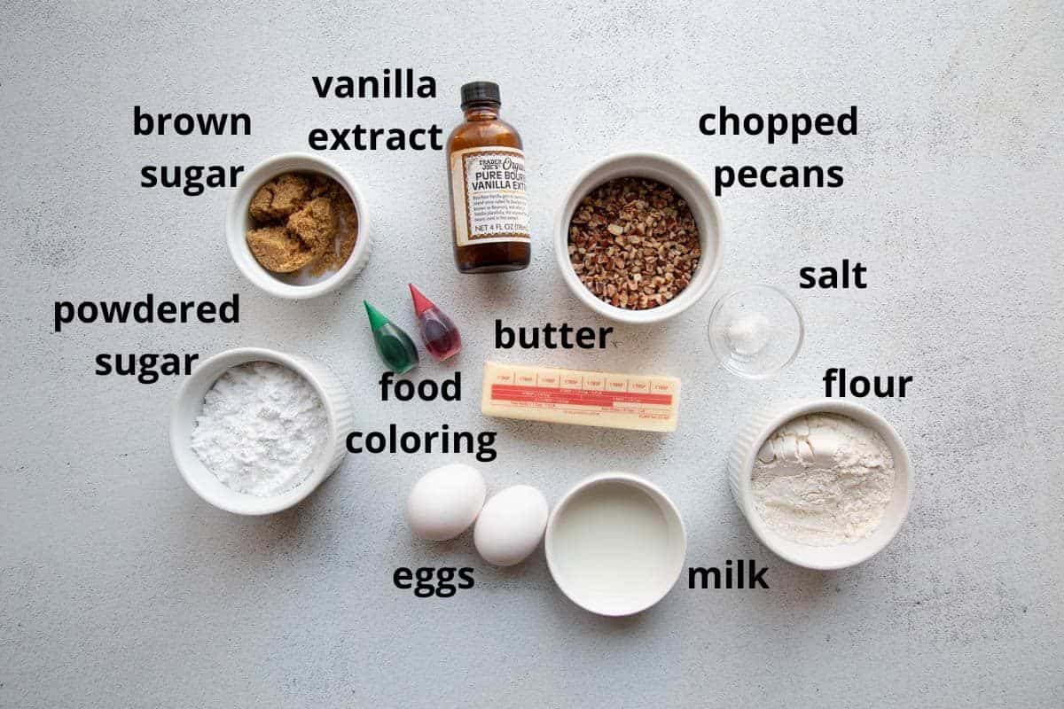 ingredients needed to make thumbprint cookies with icing with labels.