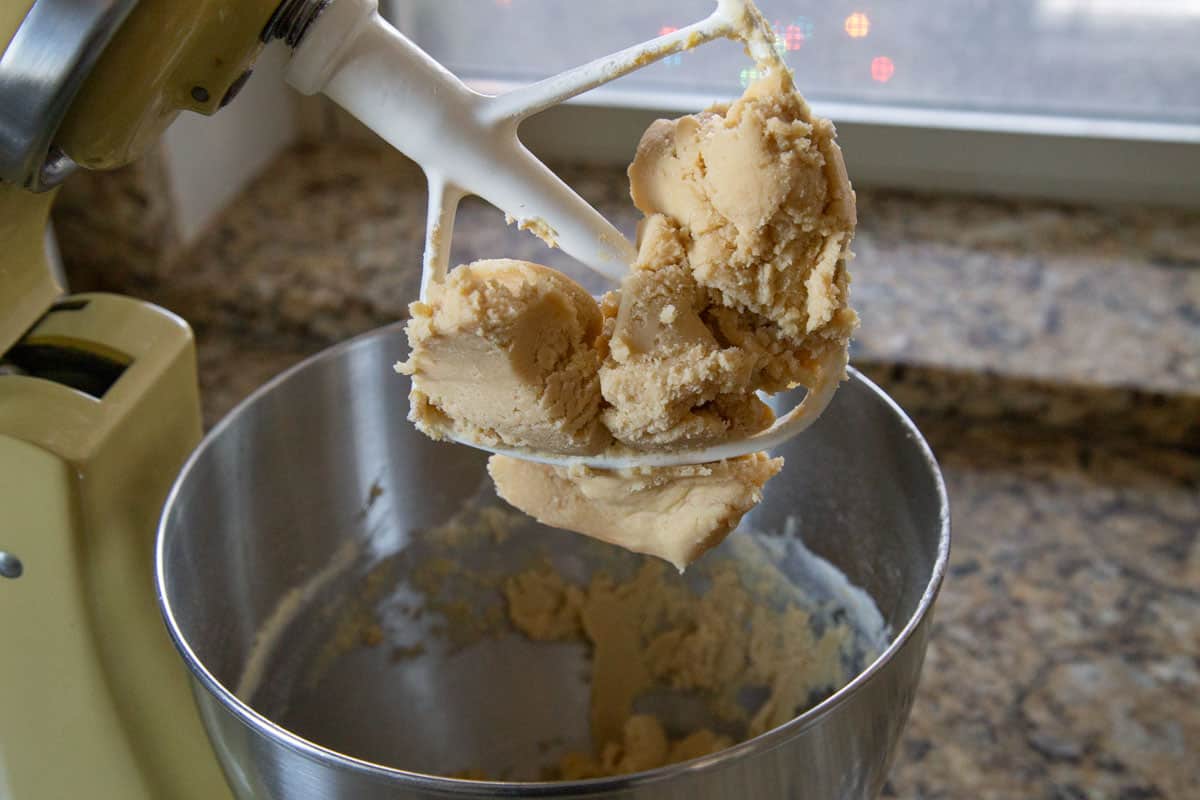 creamed butter and brown sugar on a paddle attachment.