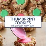 thumbprint cookies with red and green icing in the middle.