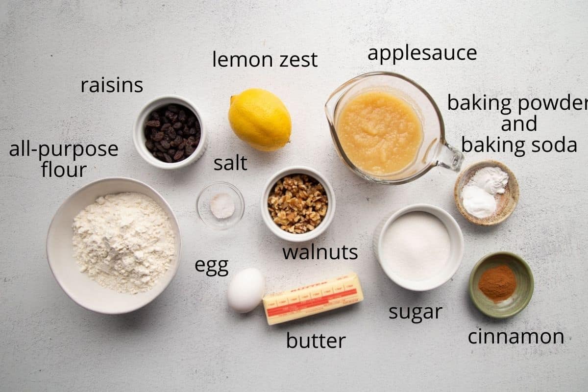 applesauce, raisins, walnuts, flour, butter, and other ingredients.
