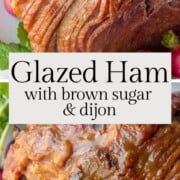 spiral sliced ham with a shiny glaze on top.