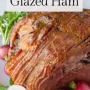 spiral sliced ham with a brown sugar glaze on top.