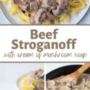 beef stroganoff in a skillet and also on a plate over egg noodles