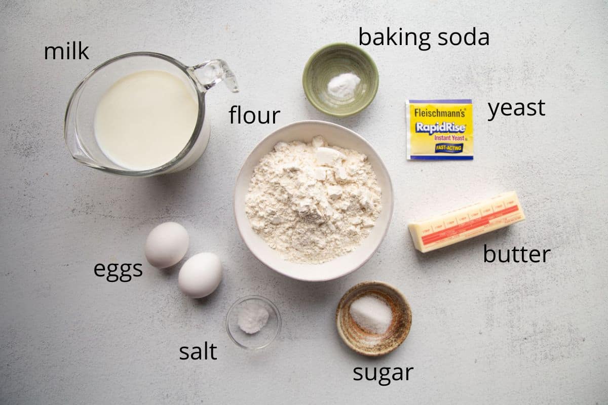 flour, yeast, eggs, butter, and more ingredients.