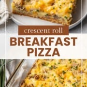 slice of breakfast pizza with sausage on a crescent roll crust.