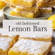 lemon bars topped with powdered sugar on a cake stand.