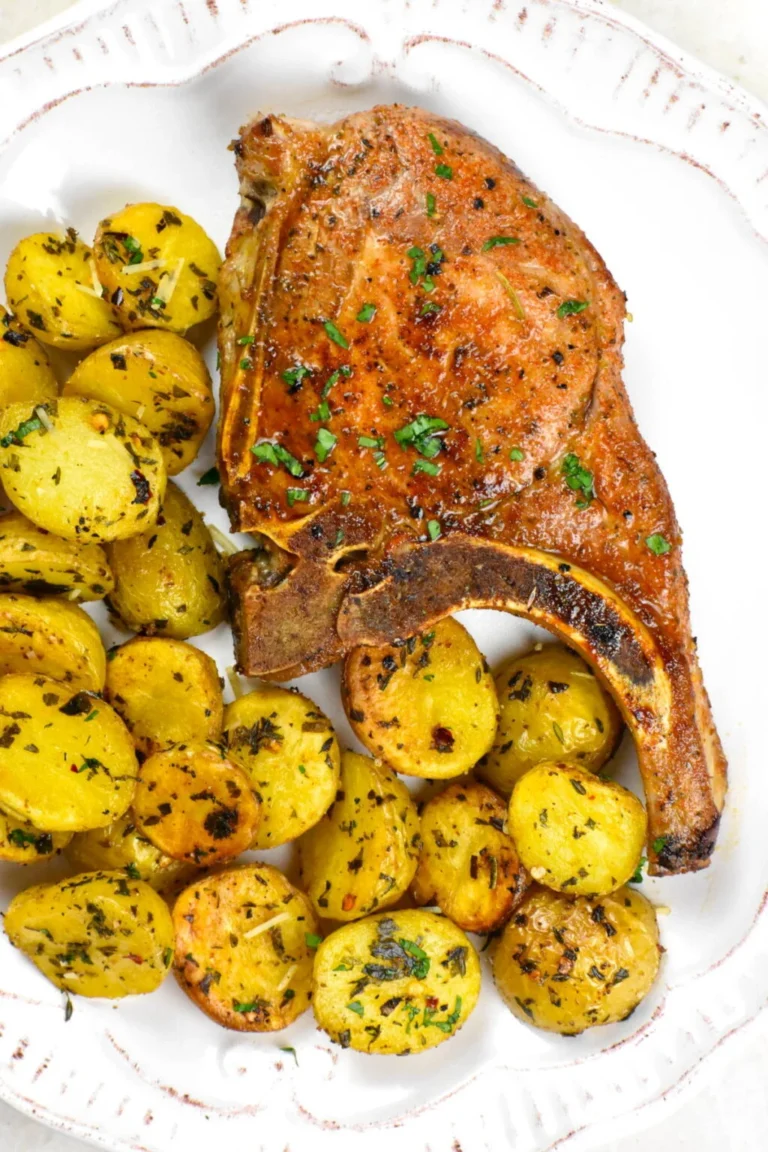 a baked bon-in pork chop on a plate next to roasted potatoes.