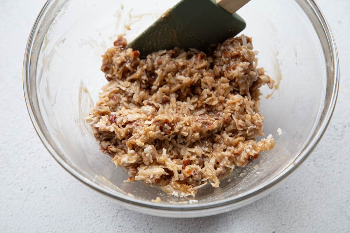 coconut pecan topping in a glass bowl.