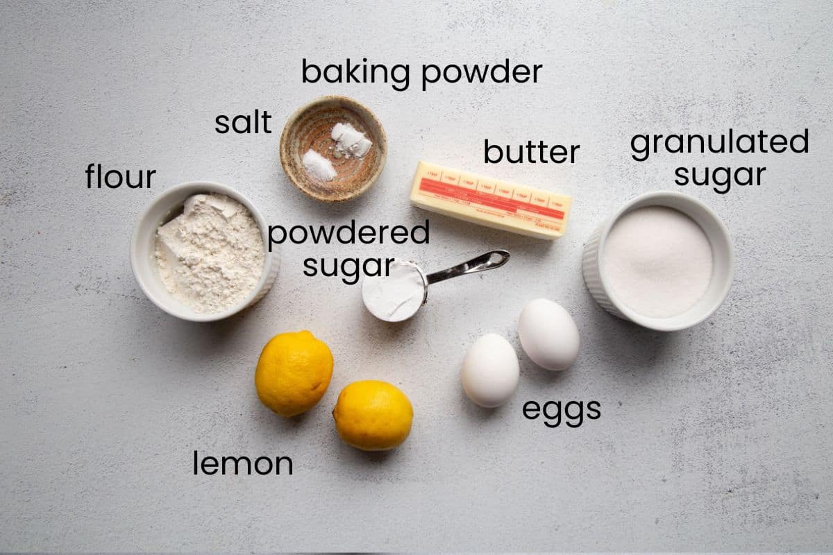 lemons, eggs, sugar, flour, and other ingredients.