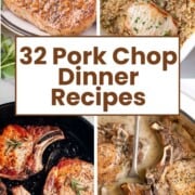 pork chops in a casserole dish, in a skillet, on a plate.