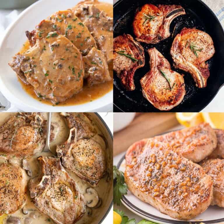 various pork chop recipes in a skillet and on a plate.