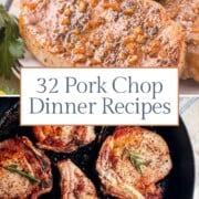 pork chops on a plate and in a cast iron skillet.