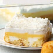 slice of twinkie cake on a white plate.