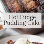 hot fudge pudding cake with ice cream.