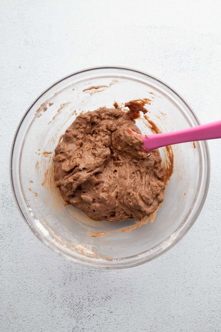 chocolate cake batter in a mixing bowl.