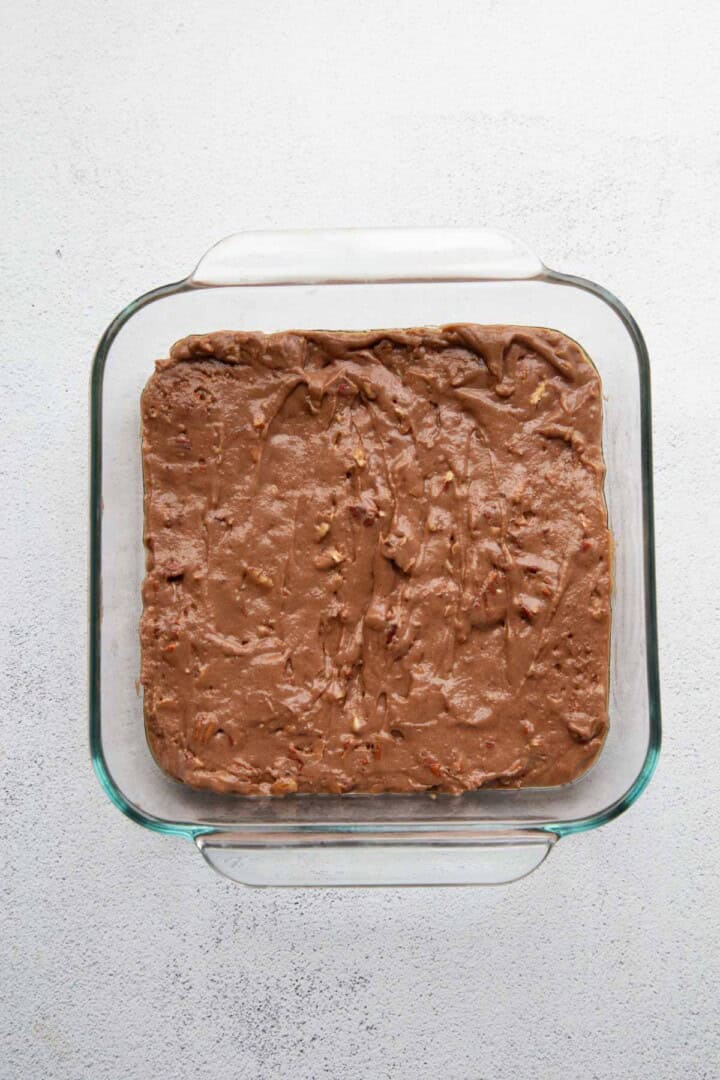 chocolate cake batter in a pan.