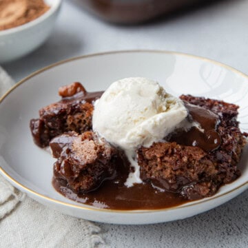 hot fudge pudding cake with a scoop of ice cream.