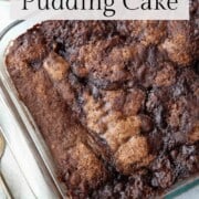 hot fudge pudding cake in a glass dish.