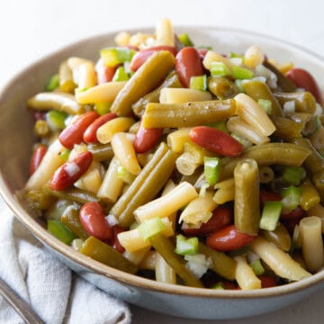 marinated three bean salad in a bowl.
