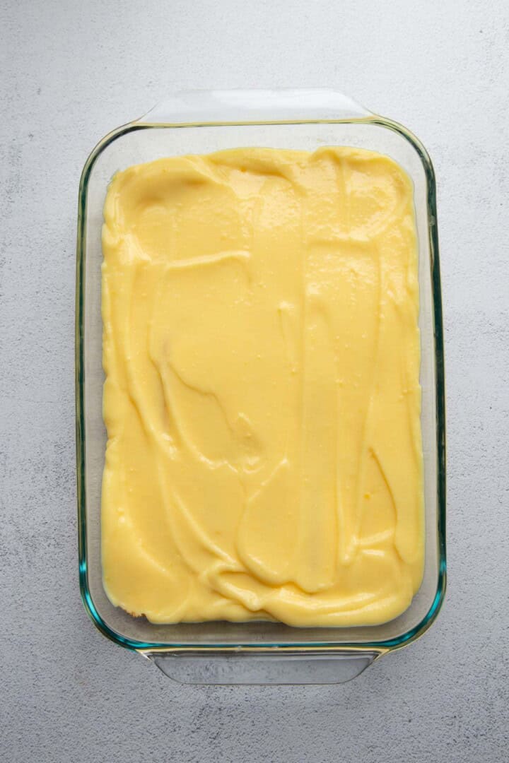 vanilla pudding in a glass dish.