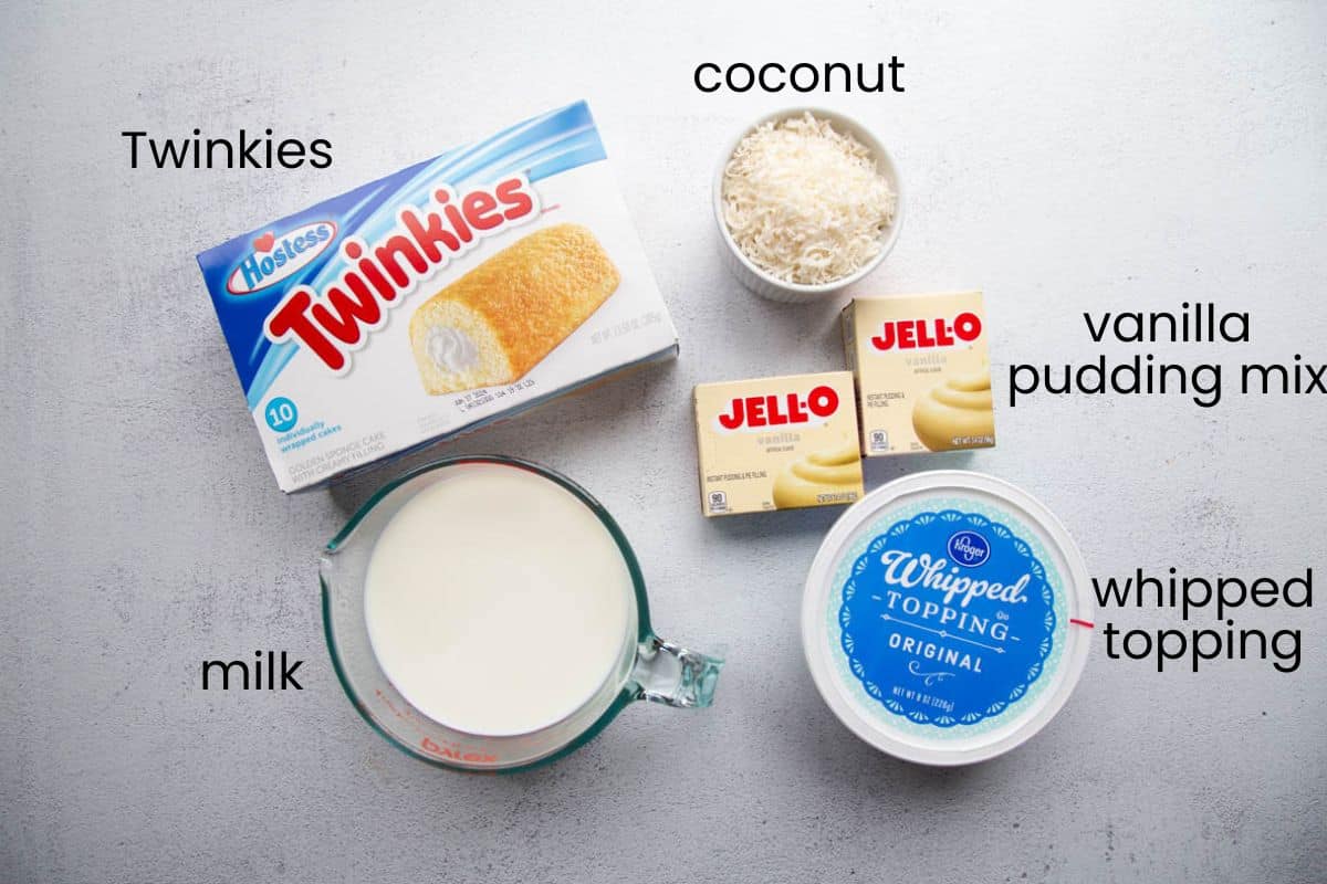 twinkies, cool whip, milk, boxes of pudding, and coconut.