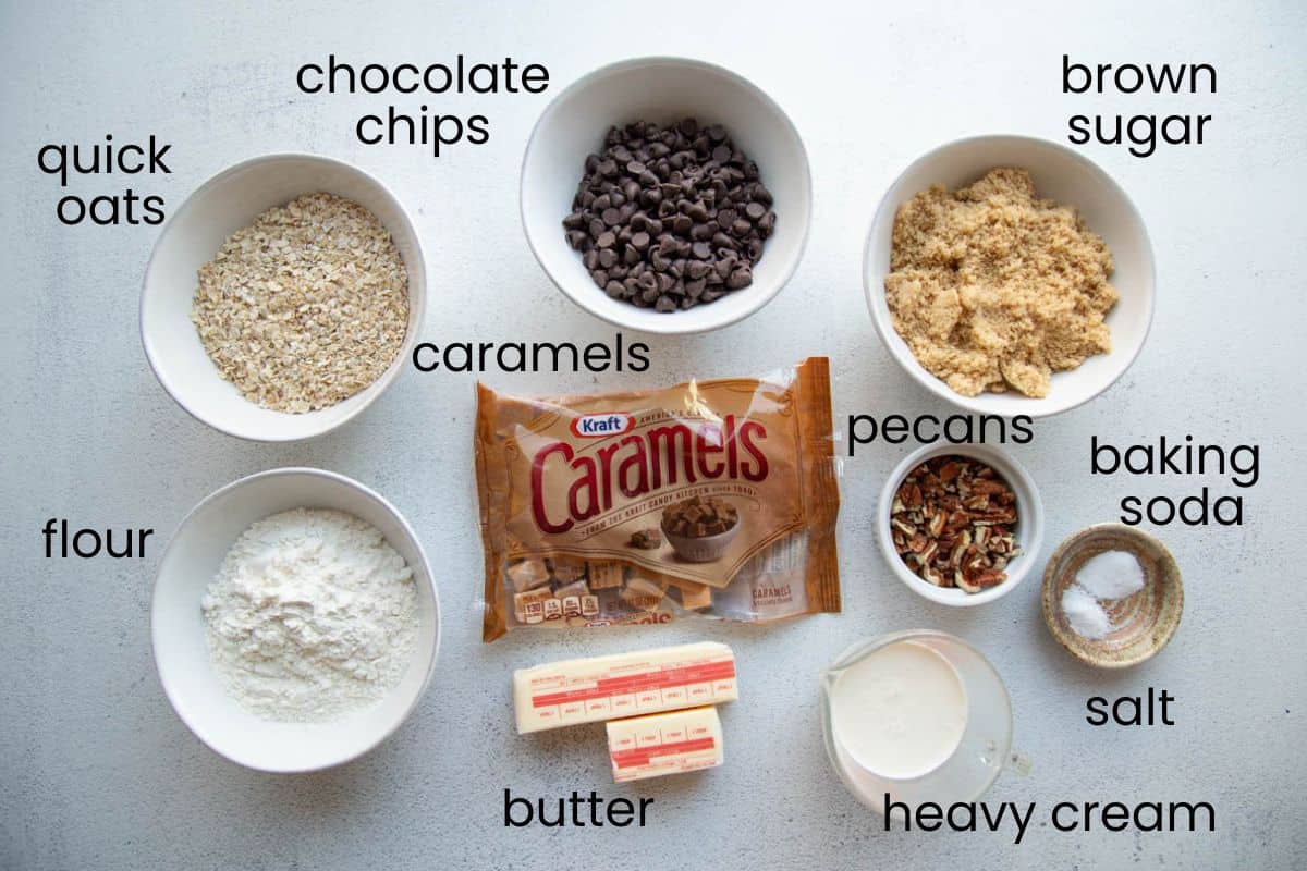 caramels, chocolate chips, oatmeal, and more ingredients.