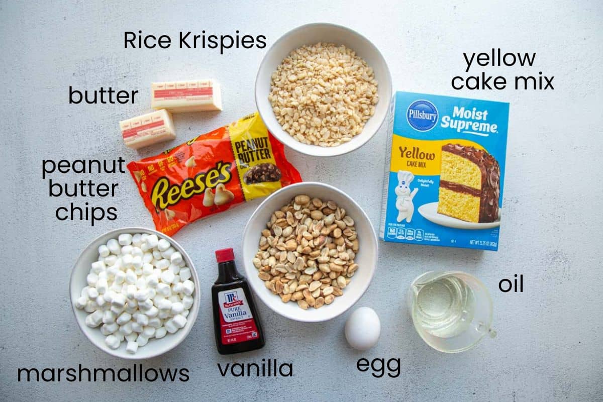 cake mix, marshmallows, peanut butter chips, and other ingredients.